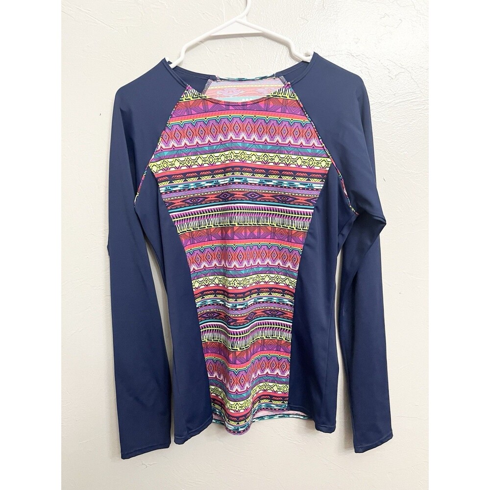 Title Nine Tribal Rash Guard Swim Shirt Large Pink Blue Long Sleeve Zip Neck UPF